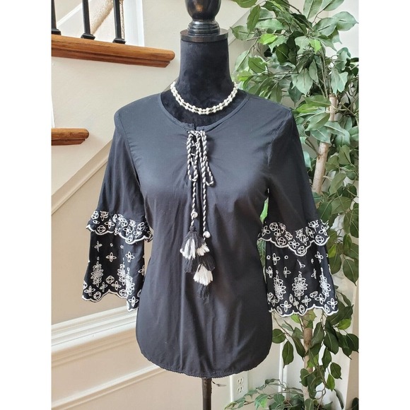 A.n.a Womens Black Solid Long Sleeve Round Neck Drawstring Blouse Top Size XS - Picture 13 of 13